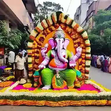 Ganpati idol adorned with a vibrant floral arch for Ganesh Chaturthi | Traditional Ganpati Floral Arch Decoration | Ganesh Festival Decorations | Decorations Guru